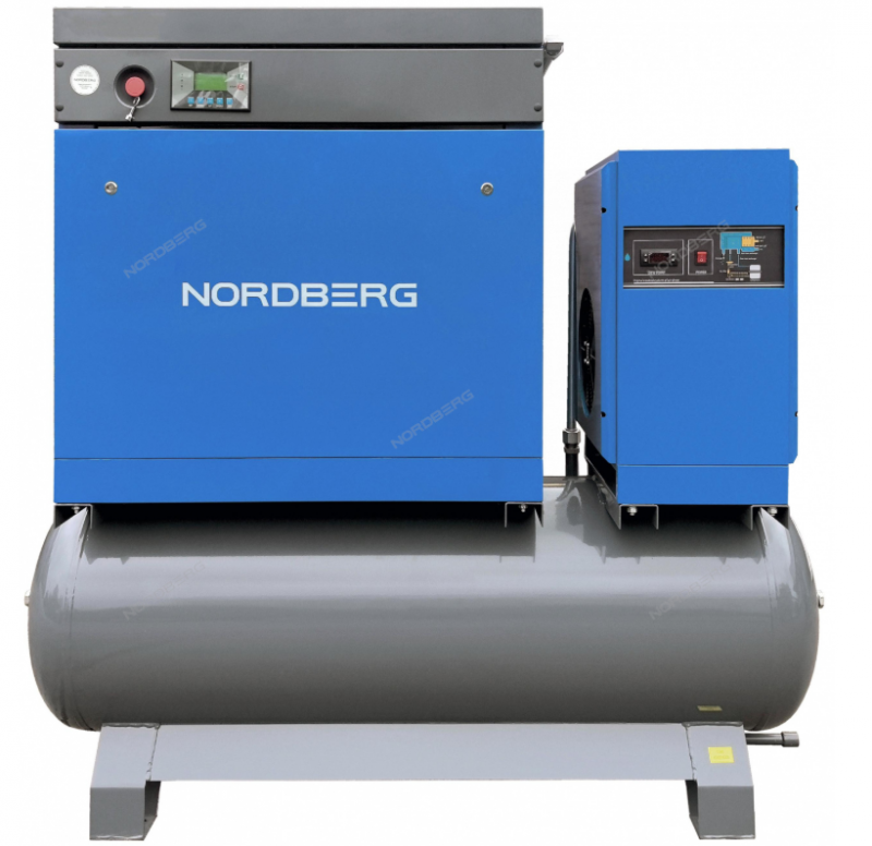 Компрессор винтовой NORDBERG , 11 кВт, 10 бар, 1550 л/мин, ресивер 410 л, IP23, осушитель
