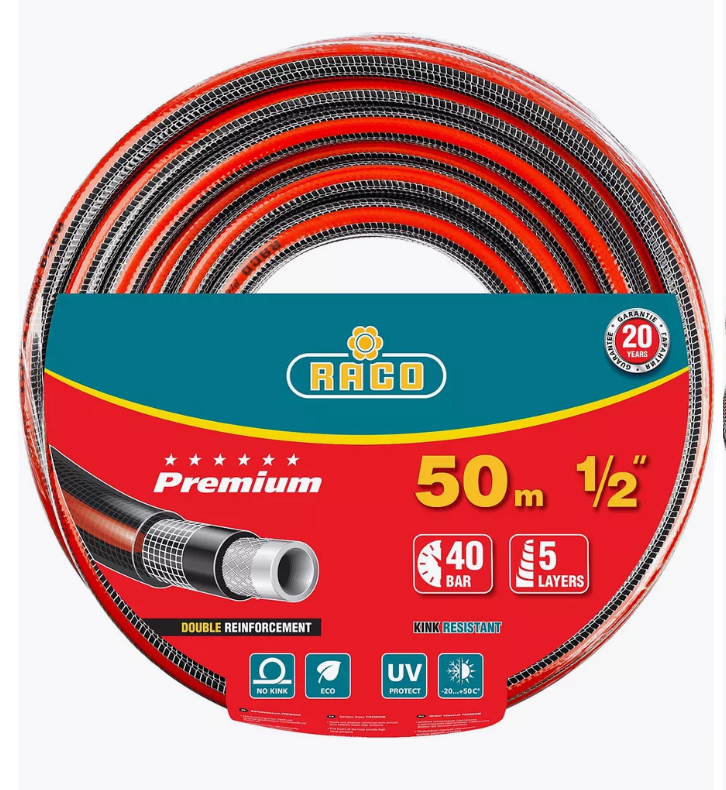 RACO PREMIUM, 1/2″, 50 м, 40 атм, пятислойный, усиленный двумя слоями армирования, поливочный шланг