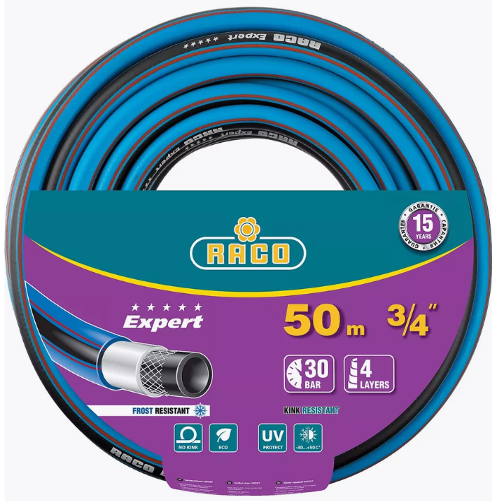 RACO EXPERT, 3/4″, 50 м, 30 атм, четырёхслойный, армированный, поливочный шланг (40302-3/4-50)